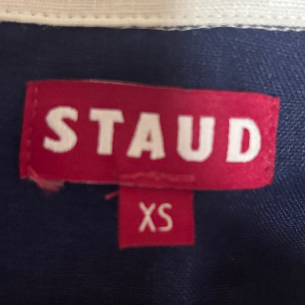 STAUD Navy Blue Linen Tunic Blouse with White Contrast Trim XS Women’s EUC - Picture 4 of 4